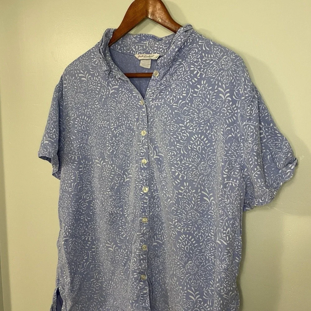 Fresh Produce Button Front Collared Shirt Womens Size L Blue Made In USA Vintage - Picture 2 of 6
